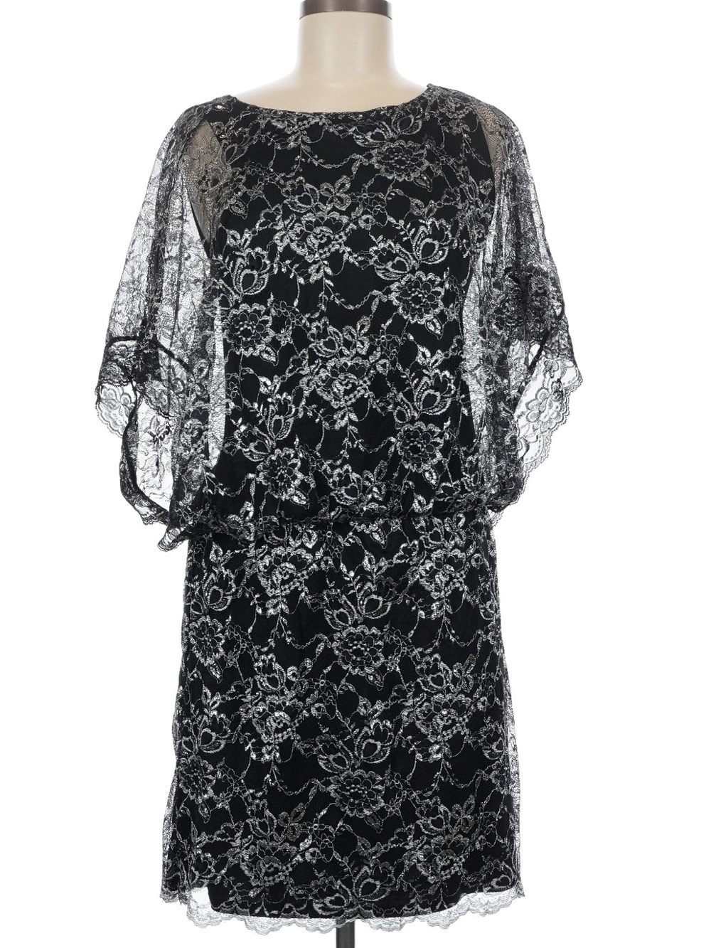 ECI New York Black Silver Floral Lace Flutter Cape Sleeve Cocktail Dress Size 8
